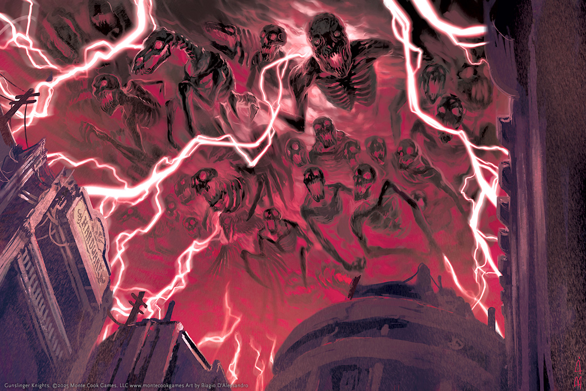 A sky filled with dark skeletal faces over a wild west looking town